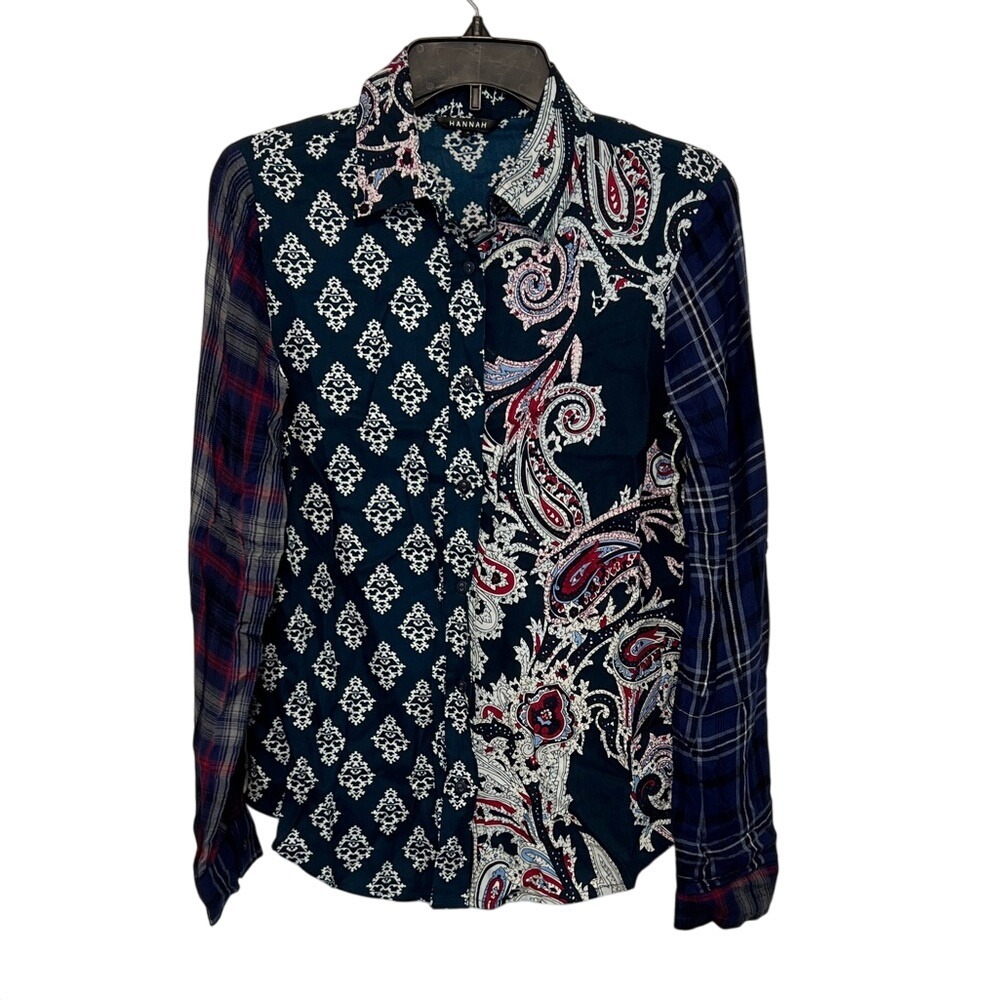 Hannah Blue and White Patterned Statement Long Sleeve Blouse Small